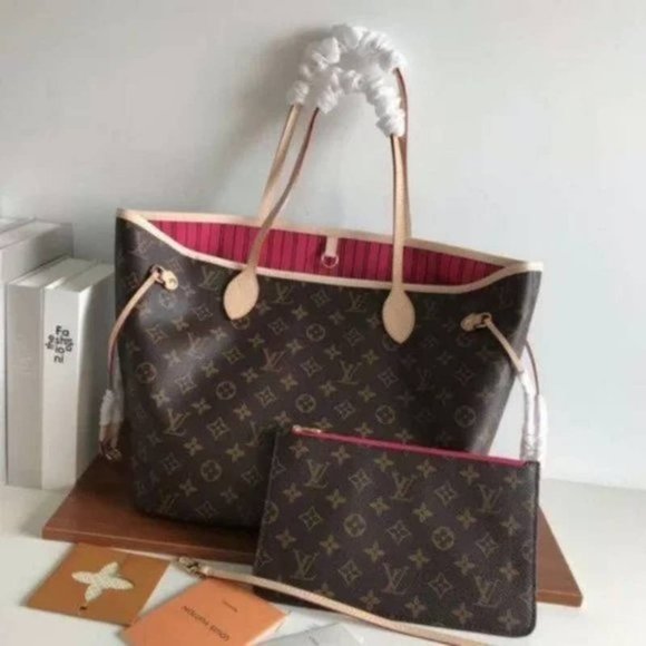 NWT LV Neverfull Mm Monogram Brown Leather Tote